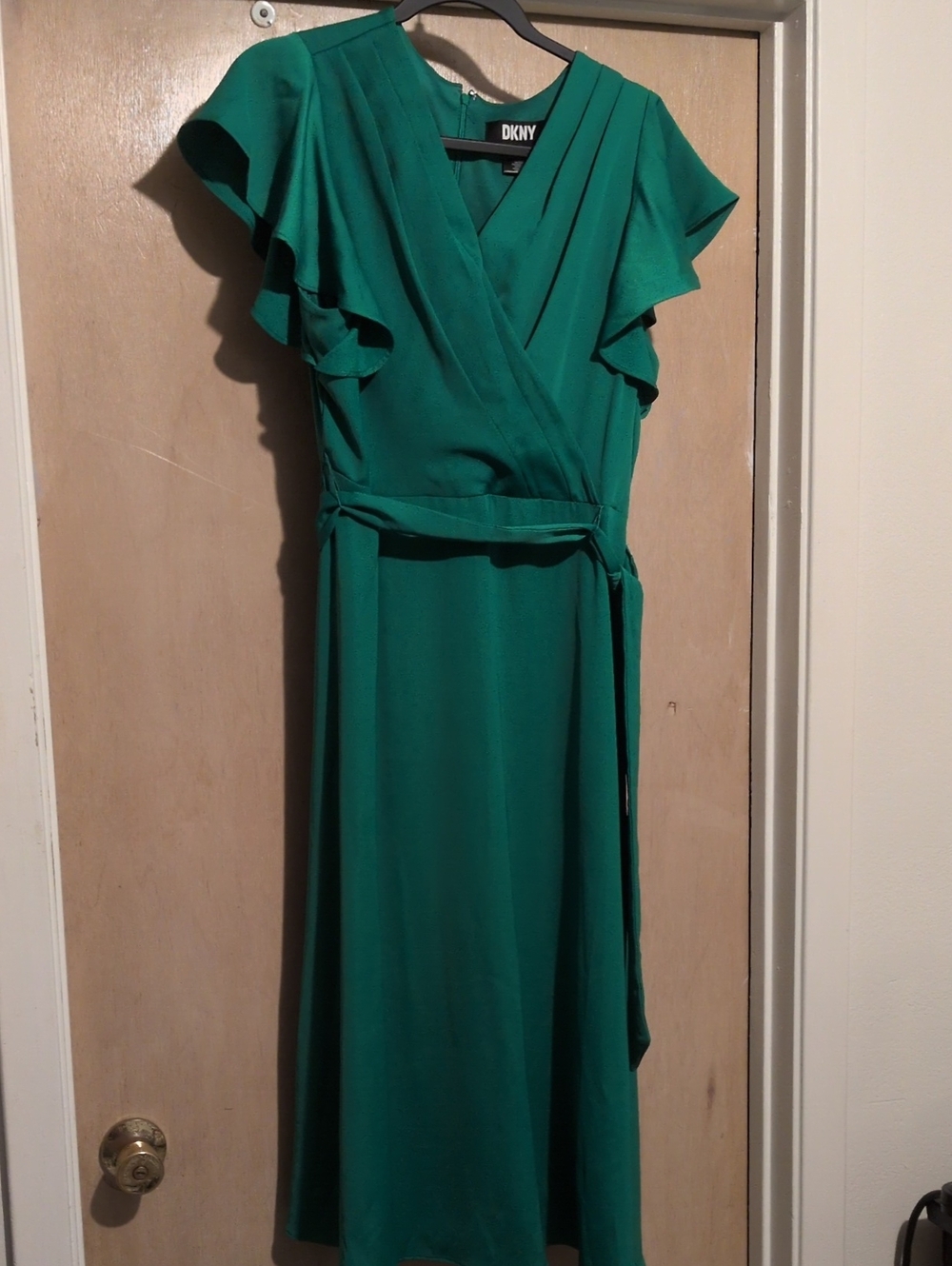 DKNY Green Wrap Midi Dress with Flutter Sleeves
